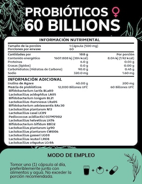 Probioticos 60 Billion + Prebióticos Quotidien con probióticos, prebióticos, inulina de agave y aloe vera de 60 cápsulas