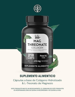 Mag threonate: colágeno hidrolizado + L-treonato magnesio Life360+ con magnesio de 210 cápsulas