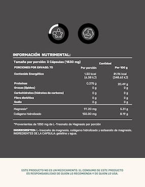 Mag threonate: colágeno hidrolizado + L-treonato magnesio Life360+ con magnesio de 210 cápsulas