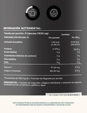 Mag threonate: colágeno hidrolizado + L-treonato magnesio Life360+ con magnesio de 210 cápsulas