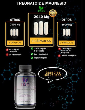 Treonato de Magnesio Natural Smart Nutrition con magnesio de 100 cápsulas