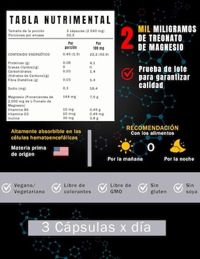 Treonato de Magnesio Natural Smart Nutrition con magnesio de 100 cápsulas