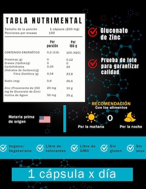 Gluconato de Zinc Natural Smart Nutrition con zinc de 100 cápsulas