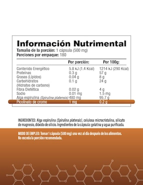 Picolinato de Cromo con Espirulina Salud & Vida Mx de 180 cápsulas