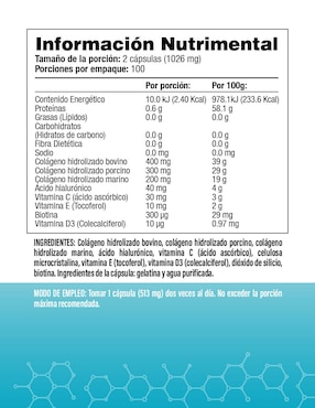 Complejo de Colágeno - Marino, Porcino y Bovino Salud & Vida Mx de 200 cápsulas