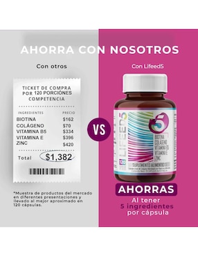 Vitaminas Cabello, Piel y Uñas con Biotina, Colageno Hidrolizado Puro, Vitamina E, Vitamina B5 y Zinc Lifeed5