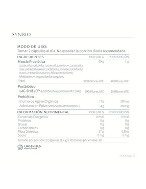 Synbio de Oxomio Gut Health Oxomio con probióticos, prebióticos, inulina de agave y aloe vera de 60 cápsulas