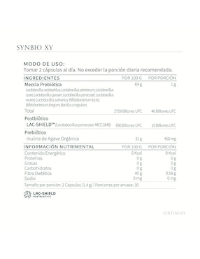 Synbio XY Hombre- Gut Health Oxomio con probióticos, prebióticos, inulina de agave y aloe vera de 60 cápsulas