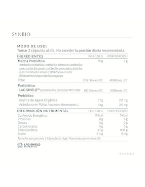 Synbio de Oxomio Gut Health Oxomio con probióticos, prebióticos, inulina de agave y aloe vera de 180 cápsulas