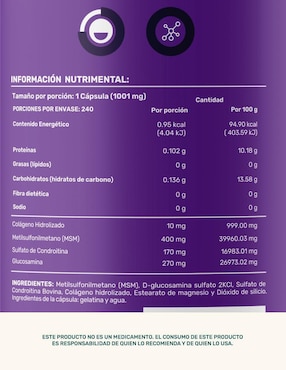 Jnts Blend: MSM Metilsulfonilmetano, D-glucosamina, Sulfato de Condroitina Bovina, Colágeno Hidrolizado, Estearato de Magnesio y Dióxido de Silicio Life 360+ Life360+ con metilsulfonilmetano de 240 cápsulas