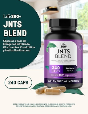 Jnts Blend: MSM Metilsulfonilmetano, D-glucosamina, Sulfato de Condroitina Bovina, Colágeno Hidrolizado, Estearato de Magnesio y Dióxido de Silicio Life 360+ Life360+ con metilsulfonilmetano de 240 cápsulas