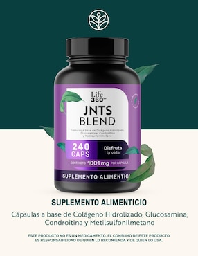 Jnts Blend: MSM Metilsulfonilmetano, D-glucosamina, Sulfato de Condroitina Bovina, Colágeno Hidrolizado, Estearato de Magnesio y Dióxido de Silicio Life 360+ Life360+ con metilsulfonilmetano de 240 cápsulas