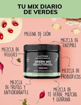 Green Mix, Jugo Verde Té Matcha, Clorofila, Enzimas Digestivas, Probióticos Bloom Quotidien sabor frutos rojos de 150 g