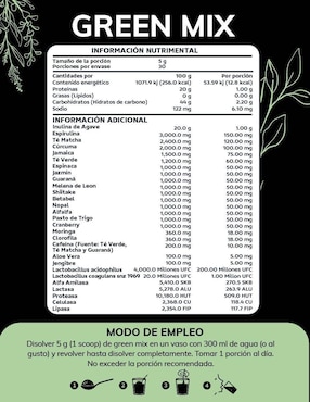 Green Mix, Jugo Verde Té Matcha, Clorofila, Enzimas Digestivas, Probióticos Bloom Quotidien sabor frutos rojos de 150 g