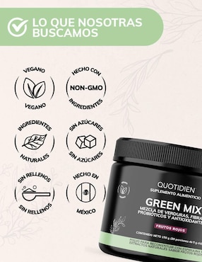 Green Mix, Jugo Verde Té Matcha, Clorofila, Enzimas Digestivas, Probióticos Bloom Quotidien sabor frutos rojos de 150 g