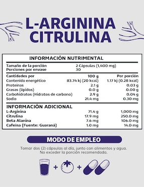 L-Arginina, Citrulina, Beta Alanina y Cafeína Beyond Vitamins de 60 cápsulas