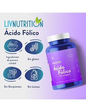 Ácido Fólico Liv Nutrition con colágeno de 60 cápsulas
