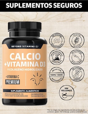 Calcio, Vitamina D3, Colágeno Hidrolizado y Vitamina C Beyond Vitamins de 60 cápsulas