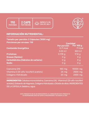 Skn q-10: colágeno hidrolizado con vitamina e y coenzima q10 life 360+ life360+ "con" colágeno hidrolizado "sabor" sin sabor "de" 220 cáp