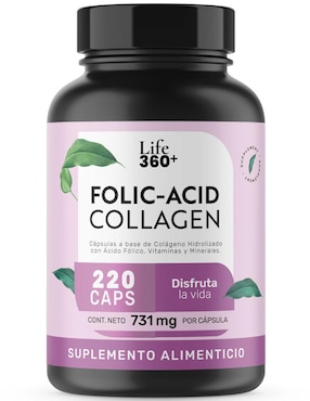 Folic-Acid Collagen: Colágeno hidrolizado + Ácido fólico + Vitaminas y minerales Life 360+ Life360+ de 220 cápsulas