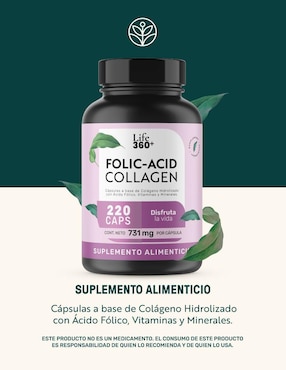Folic-Acid Collagen: Colágeno hidrolizado + Ácido fólico + Vitaminas y minerales Life 360+ Life360+ de 220 cápsulas