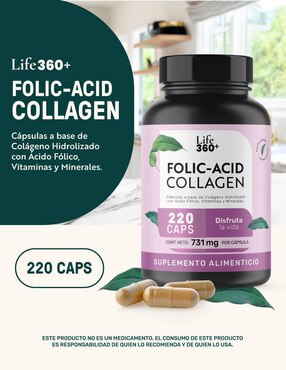Folic-Acid Collagen: Colágeno hidrolizado + Ácido fólico + Vitaminas y minerales Life 360+ Life360+ de 220 cápsulas