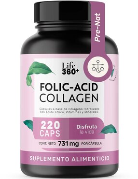 Folic-Acid Collagen: Colágeno hidrolizado + Ácido fólico + Vitaminas y minerales Life 360+ Life360+ de 220 cápsulas
