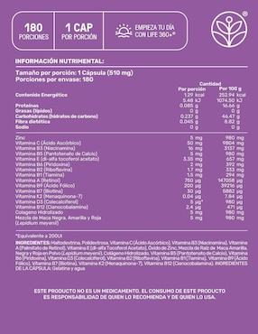 Multivitamínico para mujer con Colágeno Hidrolizado, Biotina, Ácido Fólico, Vitamina A, C, D, B12 y Zinc, Life360+ 180 cápsulas