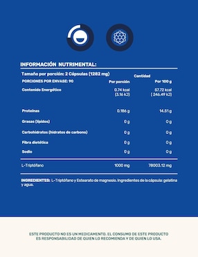 PURE TRYPTOPHAN: L-Triptófano y Estearato de magnesio Life 360+ Life360+ con l-triptófano de 180 cápsulas