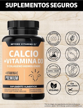Calcio, Vitamina D3, Colágeno Hidrolizado y Vitamina C Beyond Vitamins de 180 cápsulas