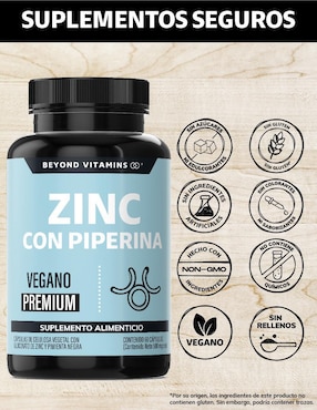 Zinc (Gluconato de Zinc) Potenciado con Piperina Estandarizada Beyond Vitamins de 60 cápsulas