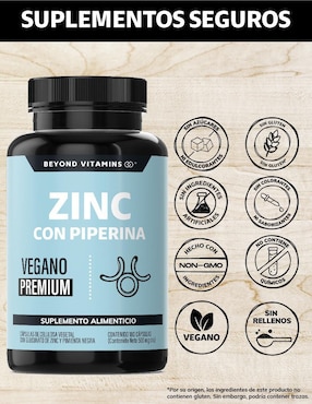 Zinc (Gluconato de Zinc) Potenciado con Piperina Estandarizada Beyond Vitamins de 180 cápsulas