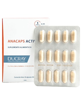 Anacaps Activ+ Ducray con zinc, hierro, selenio, molibdeno, vitamina b2, b3, b5, b6, b8, b9, c, e, pp