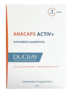 Anacaps Activ+ Ducray con zinc, hierro, selenio, molibdeno, vitamina b2, b3, b5, b6, b8, b9, c, e, pp