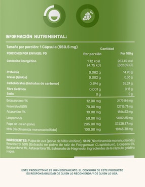 NMN & Antox-Mix: Suplemento a base de Pulpa de uva con Resveratrol + Astaxantina + NMN + Licopeno y Betacaroteno Life360+ de 90 cápsulas