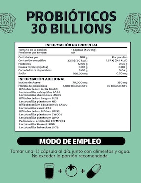 Probioticos 30 Billion Prebióticos Inulina de Agave 13 Cepas Beyond Vitamins de 60 cápsulas