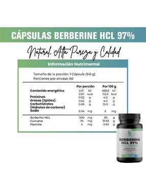 Berberine HCL 97% NAIMA , Berberina Naima con berberina de 100 cápsulas