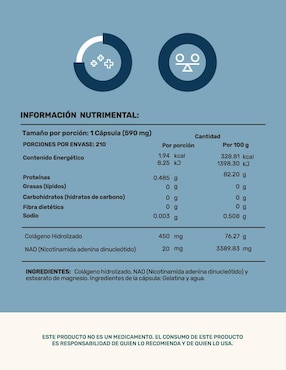 NAD (Nicotinamida Adenina Dinucleótido) + Colágeno Hidrolizado Life360+ 210 Cápsulas