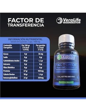 Factor de transferencia Veralife con calostro bovino de 60 cápsulas