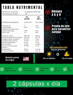 Vegan Omega 3, 6 y 9 Natural Smart Nutrition de 100 cápsulas