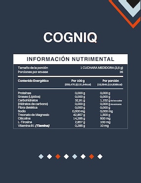 COGNIQ Suplemento Alimenticio Treonato de Magnesio y Citicolina Bdm Lab con citrato de magnesio, citrato de potasio, calcio, gluconato de zinc, vitamina b6 y vitamina b2 sabor maracuyá de 125 g