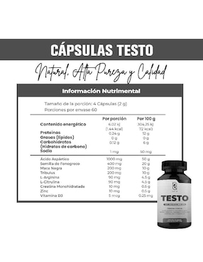 Testo Naima con ácido aspártico, fenogreco, maca negra, tribulus, arginina, citrulina, zinc, creatina y d3 de 240 cápsulas