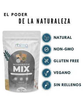 Mushroom Mix en Polvo Naima con reishi, chaga, melena de león, maitake, shiitake, cola de pavo y cordyceps sabor natural de 100 g