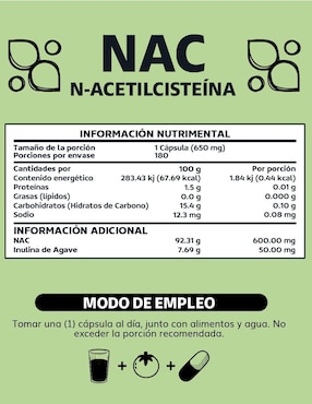NAC N-Acetil Cisteína con Inulina de Agave Beyond Vitamins de 180 cápsulas
