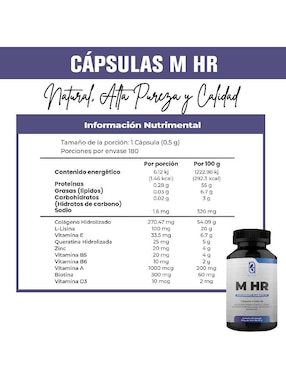 M HR Suplemento Alimenticio Naima con colágeno, biotina, l-lisina, queratina, vitaminas y minerales de 180 cápsulas