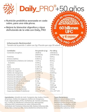 Daily_Pro Adultos +50 Inmunomedi con probióticos 60 billones sabor vainilla de 30 piezas