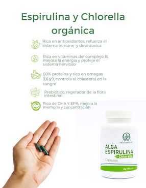 Alga Espirulina + Chlorella cápsulas Hadosbiotec con Ingredientes naturales Sin conservadores ni aditivos 50 g Hadosbiotec con alga espirulina de 100 cápsulas