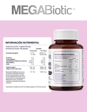 Probióticos 11 Cepas 60 Billones Megabiotic con Inulina de Agave Megabiotic con probióticos de 100 cápsulas