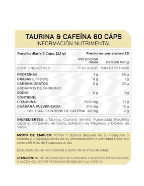 Taurina y Cafeína Prowinner Prowinner con cafeína de 60 cápsulas