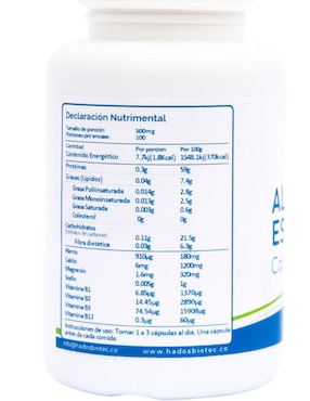 Alga Espirulina cápsulas Hadosbiotec con Ingredientes naturales 100% Alga Espirulina maxima Sin conservadores ni aditivos 50 gr Hadosbiotec con alga espirulina de 100 cápsulas
